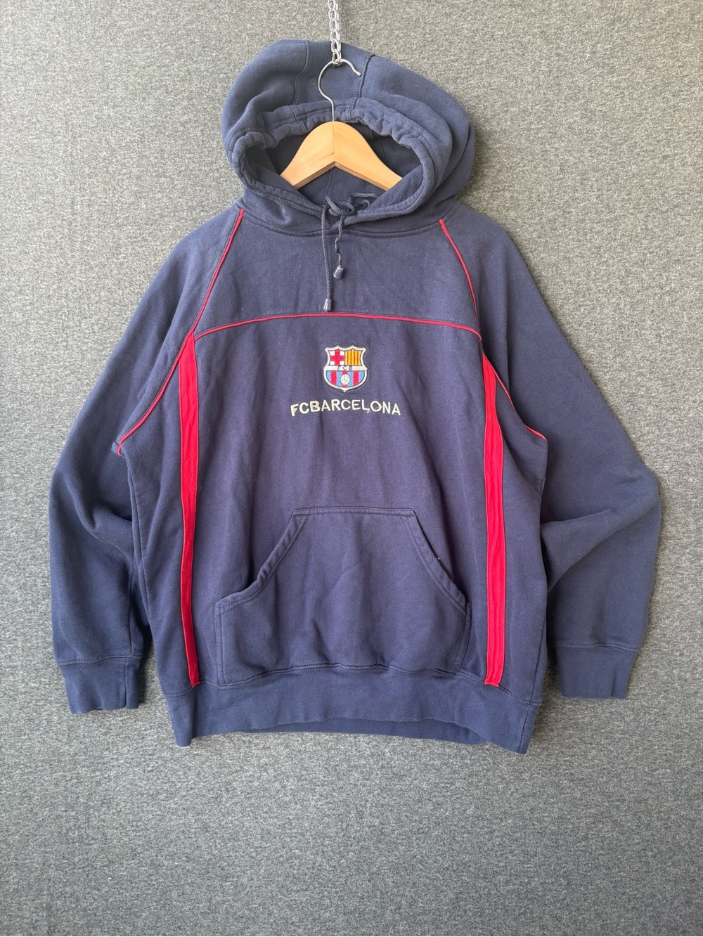 Vintage Y2K FC Barcelona Navy Pullover Hoodie with Red Trim